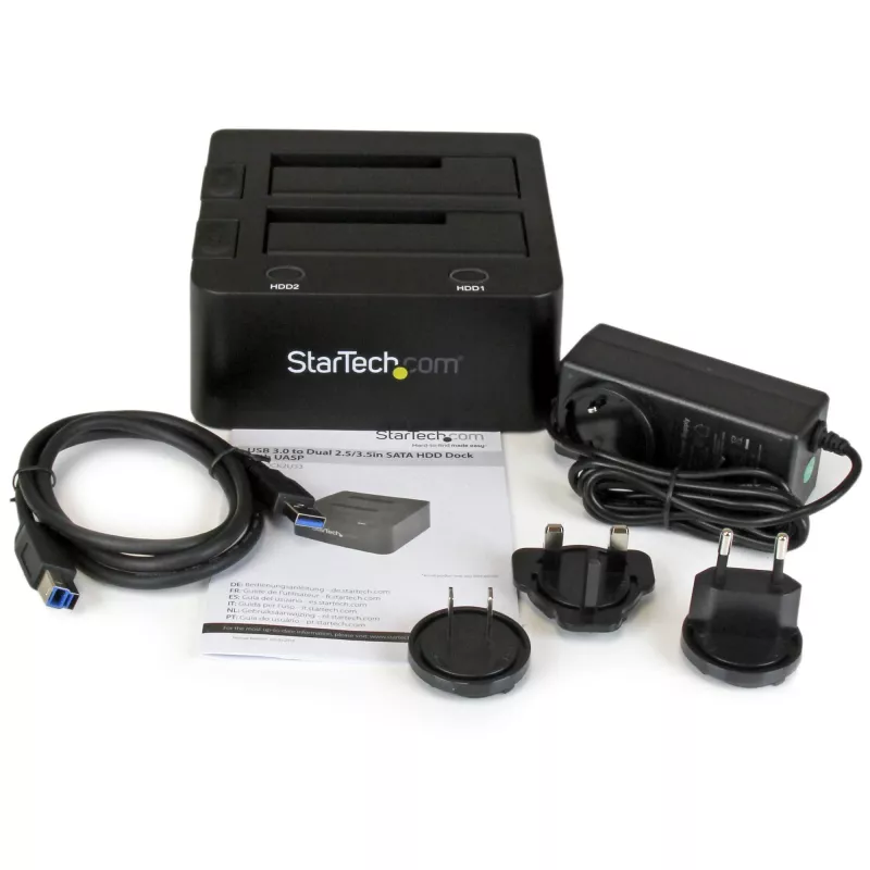 StarTech.com kahe pesaga USB 3.0 SATA-kõvakettadokk, USB-kõvakettadokk, väline 2,5/3,5-tolline SATA I/II/III SSD/HDD dokkimisjaam, vahetatav kõvakettapesa, pealtlaetav