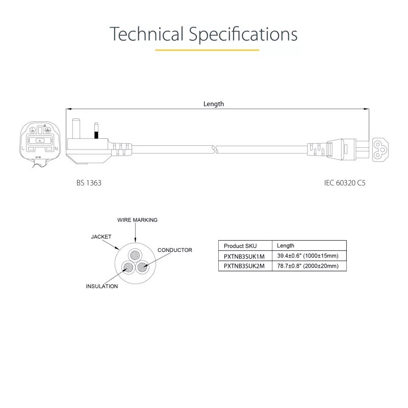 StarTech.com 2m Ühendkuningriigi sülearvuti toitekaabel, BS 1363 kuni C5 (ristiklehe), 2,5A 250V, 18AWG, Ühendkuningriigi sülearvuti asenduskaabel, printeri toitekaabel, sülearvuti laadija kaabel, sülearvuti toiteploki kaabel
