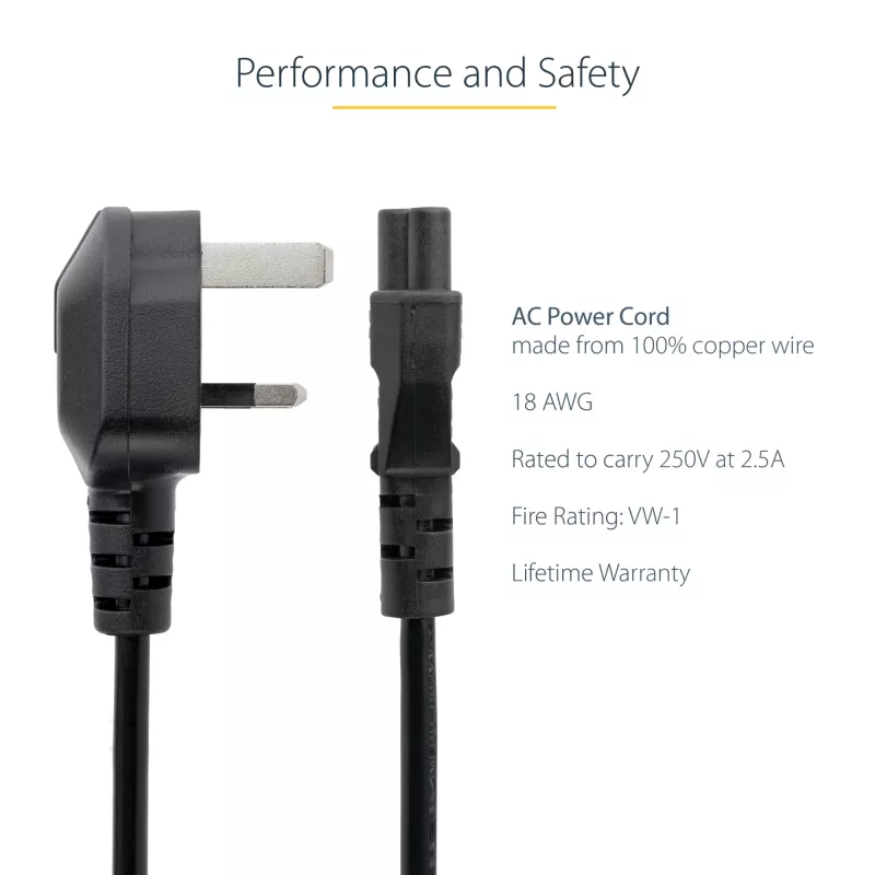 StarTech.com 2m Ühendkuningriigi sülearvuti toitekaabel, BS 1363 kuni C5 (ristiklehe), 2,5A 250V, 18AWG, Ühendkuningriigi sülearvuti asenduskaabel, printeri toitekaabel, sülearvuti laadija kaabel, sülearvuti toiteploki kaabel