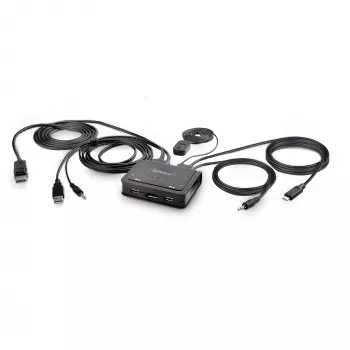 StarTech.com 2-pordiline hübriidne USB-C DisplayPort kaabliga KVM-lüliti, 4K 60Hz, kompaktne KVM koos 1,8 m USB-A/DisplayPort/audio ja 1,2 m USB-C integreeritud hostkaablitega, siinitoitel – kaugjuhtimisnupp/kiirklahvlülitus