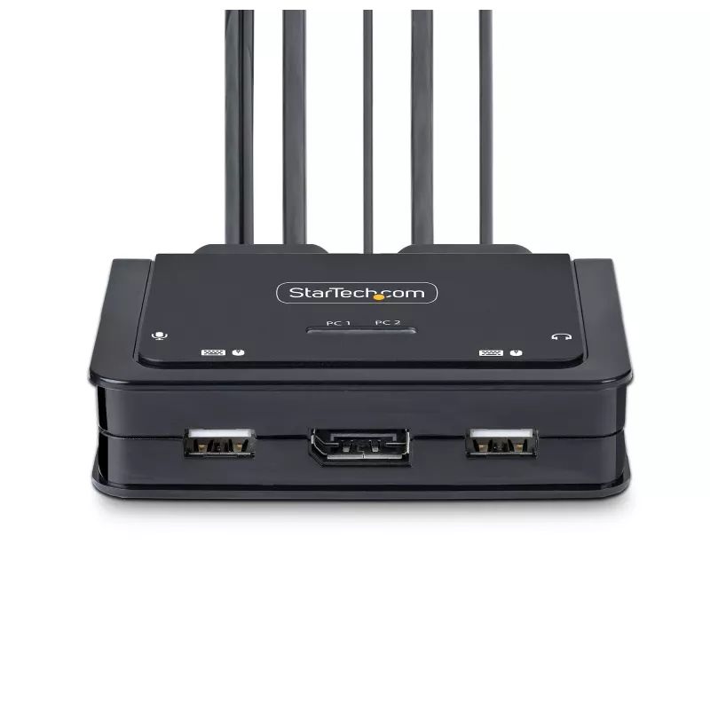 StarTech.com 2-pordiline hübriidne USB-C DisplayPort kaabliga KVM-lüliti, 4K 60Hz, kompaktne KVM koos 1,8 m USB-A/DisplayPort/audio ja 1,2 m USB-C integreeritud hostkaablitega, siinitoitel – kaugjuhtimisnupp/kiirklahvlülitus