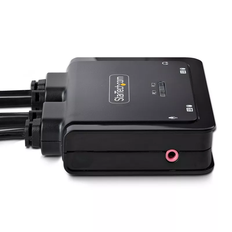 StarTech.com 2-pordiline hübriidne USB-C DisplayPort kaabliga KVM-lüliti, 4K 60Hz, kompaktne KVM koos 1,8 m USB-A/DisplayPort/audio ja 1,2 m USB-C integreeritud hostkaablitega, siinitoitel – kaugjuhtimisnupp/kiirklahvlülitus
