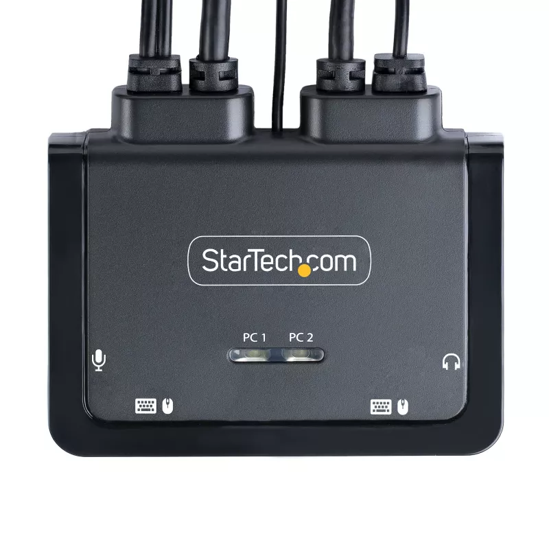 StarTech.com 2-pordiline hübriidne USB-C DisplayPort kaabliga KVM-lüliti, 4K 60Hz, kompaktne KVM koos 1,8 m USB-A/DisplayPort/audio ja 1,2 m USB-C integreeritud hostkaablitega, siinitoitel – kaugjuhtimisnupp/kiirklahvlülitus