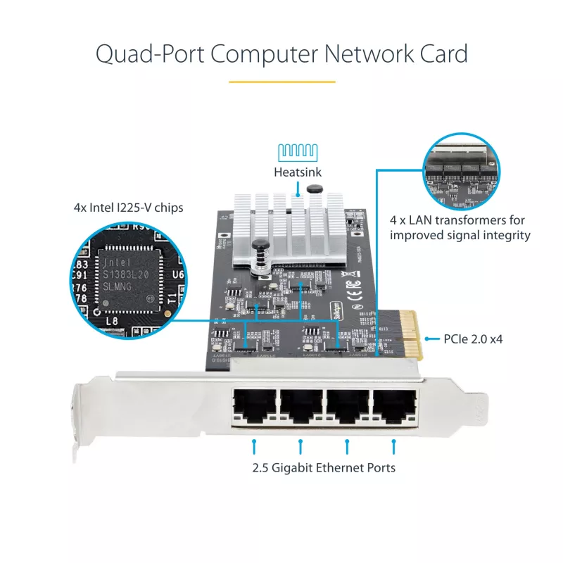 StarTech.com 4-pordiline 2,5 Gbps NBASE-T PCIe võrgukaart, Intel I225-V, neljapordiline arvuti võrgukaart, multi-gigabitine NIC, PCI Express serveri LAN-kaart, lauaarvuti Ethernet-liides