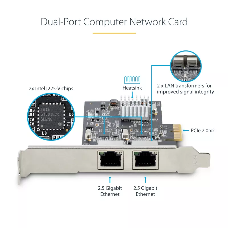 StarTech.com 2-pordiline 2,5 Gbps NBASE-T PCIe võrgukaart, Intel I225-V, kahepordiline arvuti võrgukaart, mitme gigabitine NIC, PCI Express serveri LAN-kaart, lauaarvuti Etherneti liides
