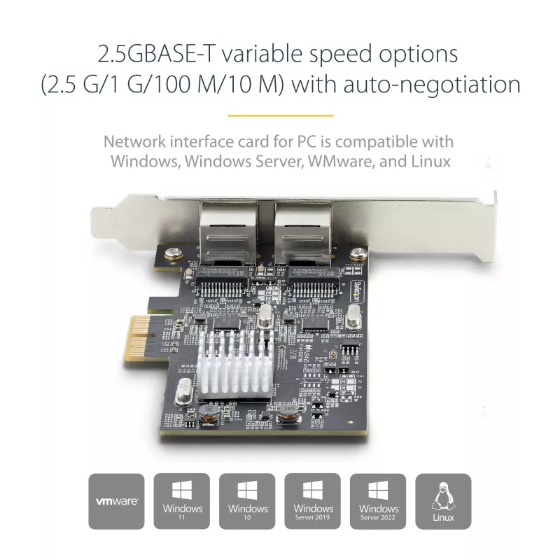 StarTech.com 2-pordiline 2,5 Gbps NBASE-T PCIe võrgukaart, Intel I225-V, kahepordiline arvuti võrgukaart, mitme gigabitine NIC, PCI Express serveri LAN-kaart, lauaarvuti Etherneti liides