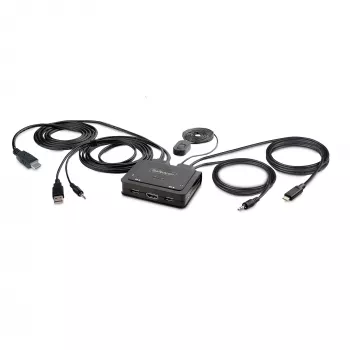 StarTech.com 2-pordiline hübriidne USB-C HDMI kaabliga KVM-lüliti, 4K 60 Hz, kompaktne KVM integreeritud 1,8 m USB-A/HDMI/heli- ja 1,2 m USB-C-hostkaablitega, siinitoitel - kaugjuhtimisnupp/kiirklahviga ümberlülitamine