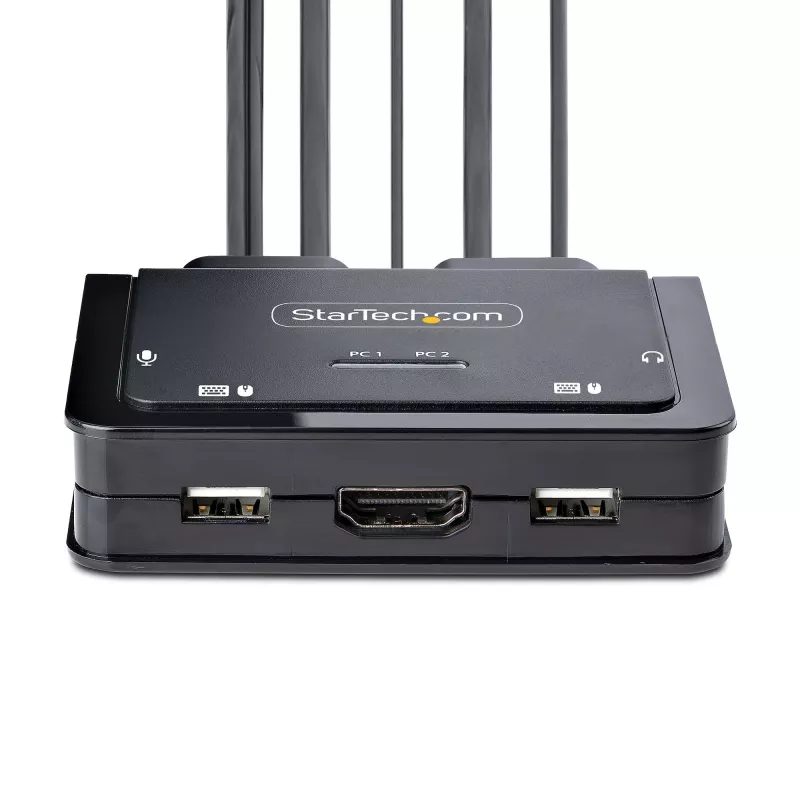 StarTech.com 2-pordiline hübriidne USB-C HDMI kaabliga KVM-lüliti, 4K 60 Hz, kompaktne KVM integreeritud 1,8 m USB-A/HDMI/heli- ja 1,2 m USB-C-hostkaablitega, siinitoitel - kaugjuhtimisnupp/kiirklahviga ümberlülitamine