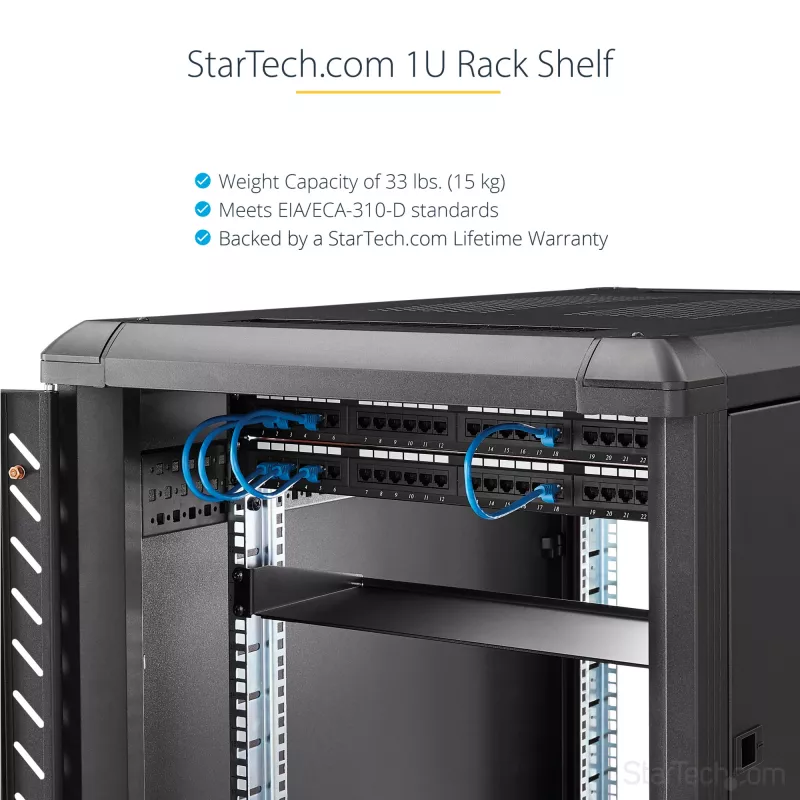 StarTech.com 1U serveririiuli riiul, universaalne riiulikinnitusega konsoolalus 19 inch võrguseadmete riiuli/kapi jaoks, vastupidav teras, kandevõime 33 naela/15 kg, sügavus 7 tolli (18 cm)