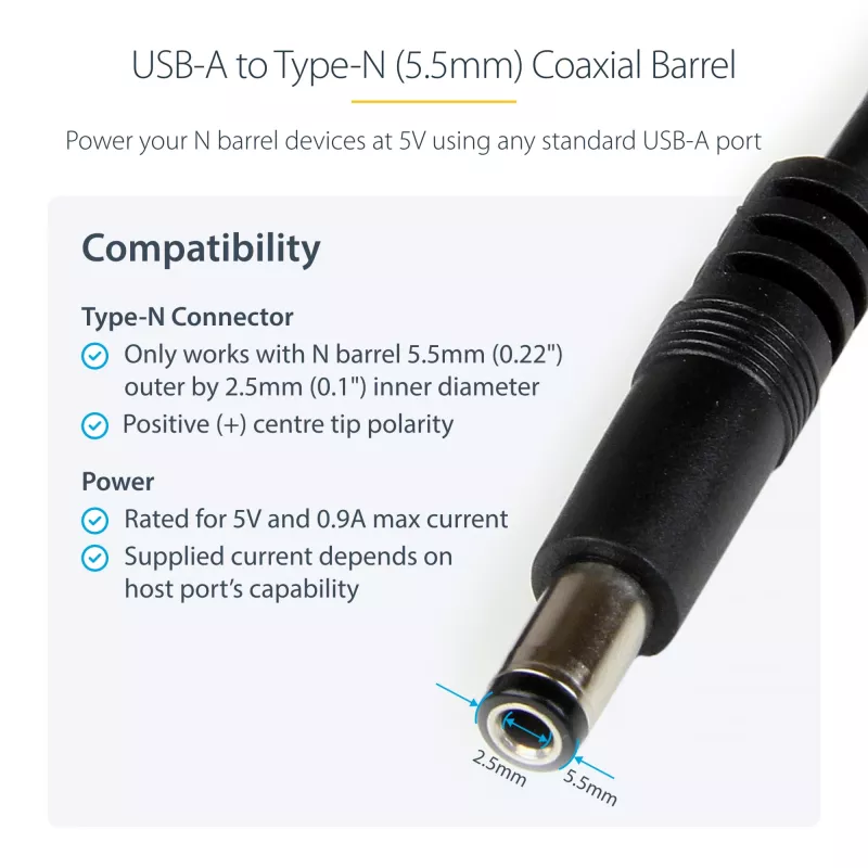 StarTech.com USB kuni 5,5 mm toitekaabel – tüüp N torupistik – 1 m