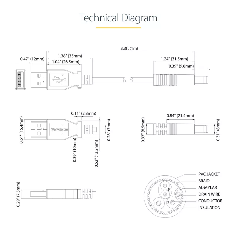 StarTech.com USB kuni 5,5 mm toitekaabel – tüüp N torupistik – 1 m