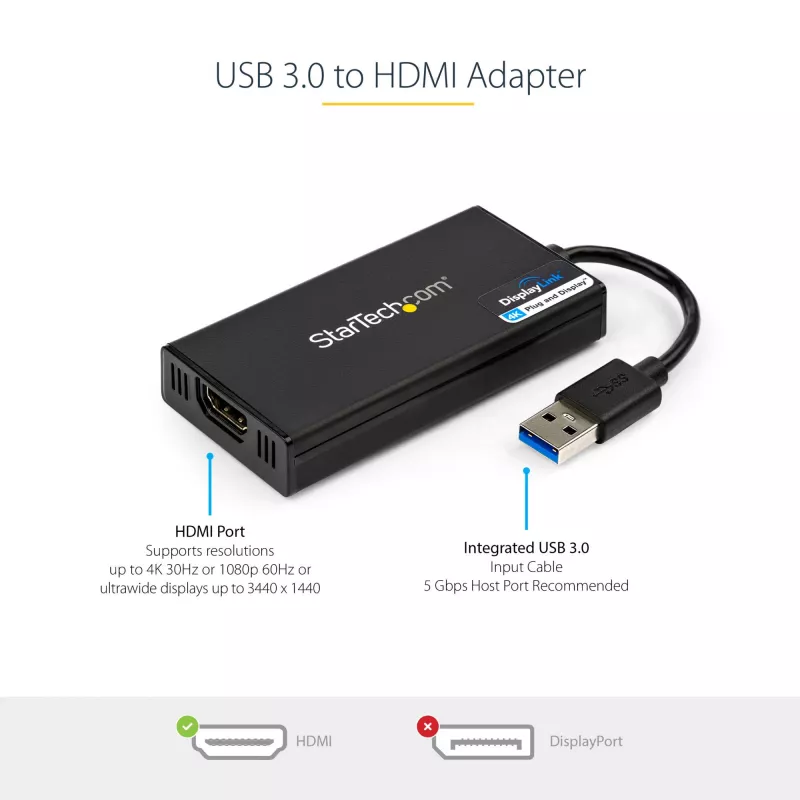 StarTech.com USB 3.0 HDMI-adapter - 4K 30Hz Ultra HD - DisplayLink sertifitseeritud - USB Type-A HDMI-ekraaniadapteri muundur monitorile - väline video- ja graafikakaart - Mac ja Windows
