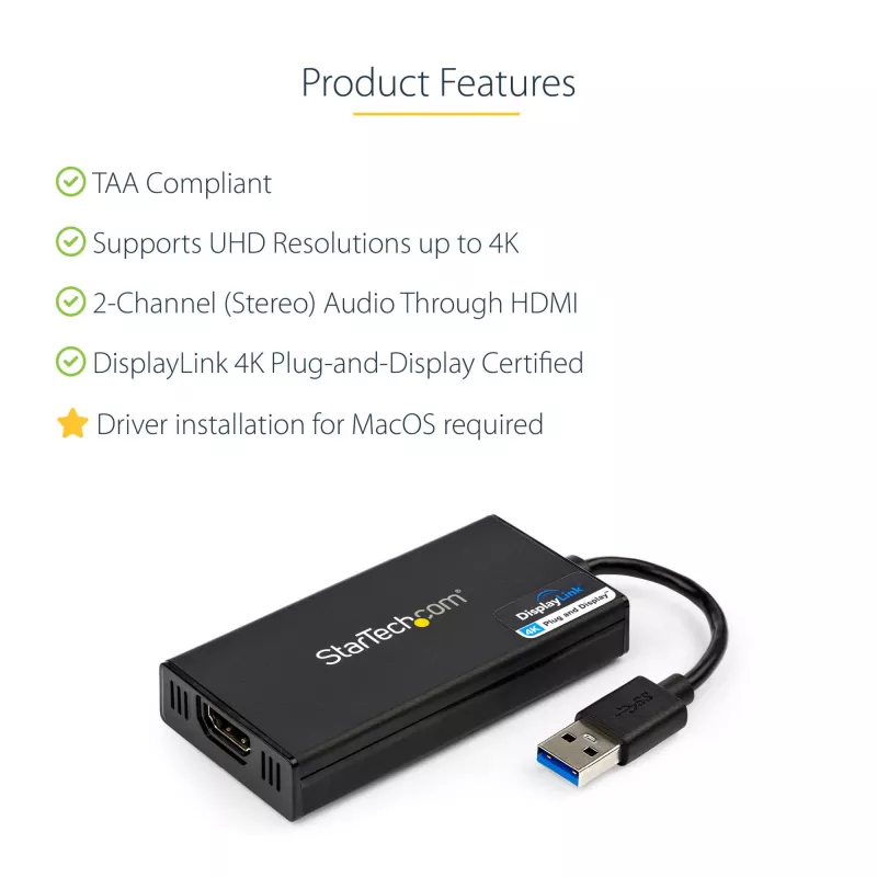 StarTech.com USB 3.0 HDMI-adapter - 4K 30Hz Ultra HD - DisplayLink sertifitseeritud - USB Type-A HDMI-ekraaniadapteri muundur monitorile - väline video- ja graafikakaart - Mac ja Windows