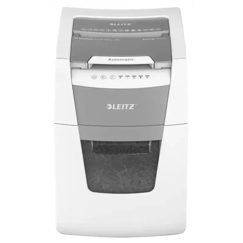 Paberihundi LEITZ IQ Autofeed Small Office 100, ristlõige P-4, 8-leheline, 22 cm etteanne, 34 L prügikast, hall