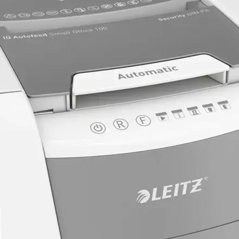 Paberihundi LEITZ IQ Autofeed Small Office 100, ristlõige P-4, 8-leheline, 22 cm etteanne, 34 L prügikast, hall