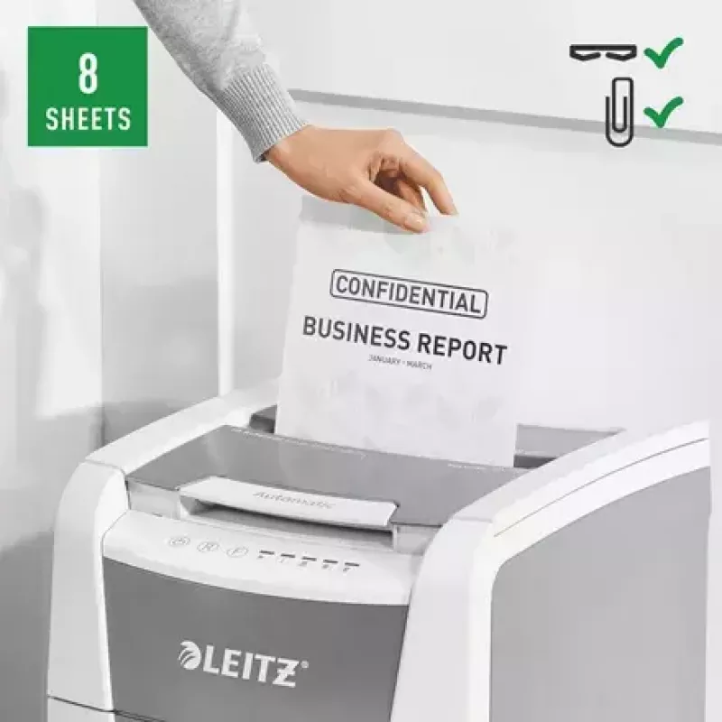 Paberihundi LEITZ IQ Autofeed Small Office 100, ristlõige P-4, 8-leheline, 22 cm etteanne, 34 L prügikast, hall