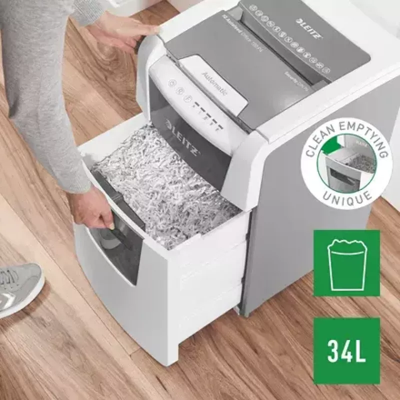 Paberihundi LEITZ IQ Autofeed Small Office 100, ristlõige P-4, 8-leheline, 22 cm etteanne, 34 L prügikast, hall