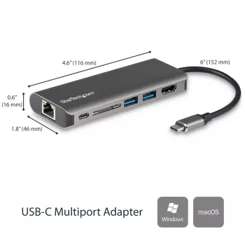 StarTech.com USB-C mitme pordiga adapter, kaasaskantav USB-C dokk 4K HDMI-ga, 2-pordiline USB 3.0 jaotur, SD/SDHC, GbE, 60 W PD läbipääs – USB USB-C/Thunderbolt 3 – ASENDATUD TOOTEGA DKT30CHSDPD1