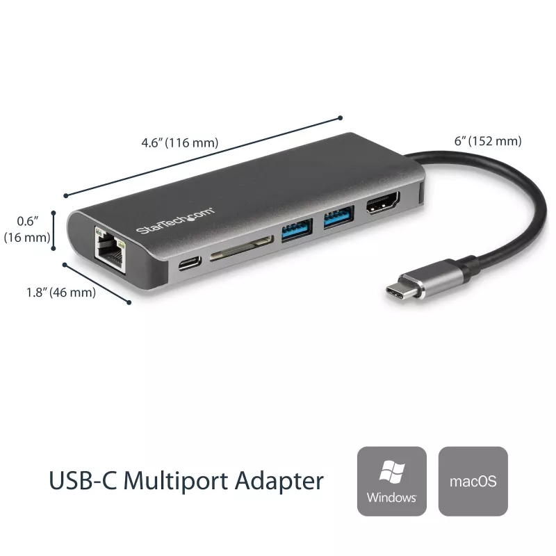 StarTech.com USB-C mitme pordiga adapter, kaasaskantav USB-C dokk 4K HDMI-ga, 2-pordiline USB 3.0 jaotur, SD/SDHC, GbE, 60 W PD läbipääs – USB USB-C/Thunderbolt 3 – ASENDATUD TOOTEGA DKT30CHSDPD1