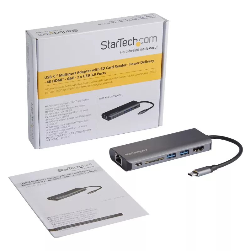StarTech.com USB-C mitme pordiga adapter, kaasaskantav USB-C dokk 4K HDMI-ga, 2-pordiline USB 3.0 jaotur, SD/SDHC, GbE, 60 W PD läbipääs – USB USB-C/Thunderbolt 3 – ASENDATUD TOOTEGA DKT30CHSDPD1