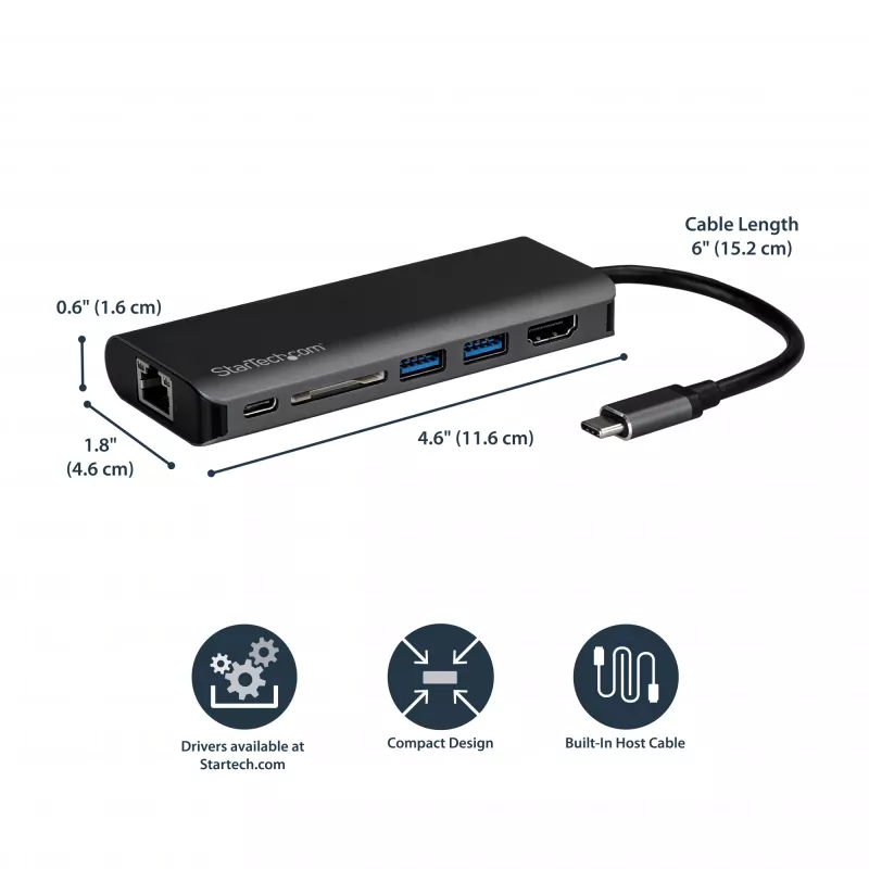 StarTech.com USB-C mitme pordiga adapter, kaasaskantav USB-C dokk 4K HDMI-ga, 2-pordiline USB 3.0 jaotur, SD/SDHC, GbE, 60 W PD läbipääs – USB USB-C/Thunderbolt 3 – ASENDATUD TOOTEGA DKT30CHSDPD1