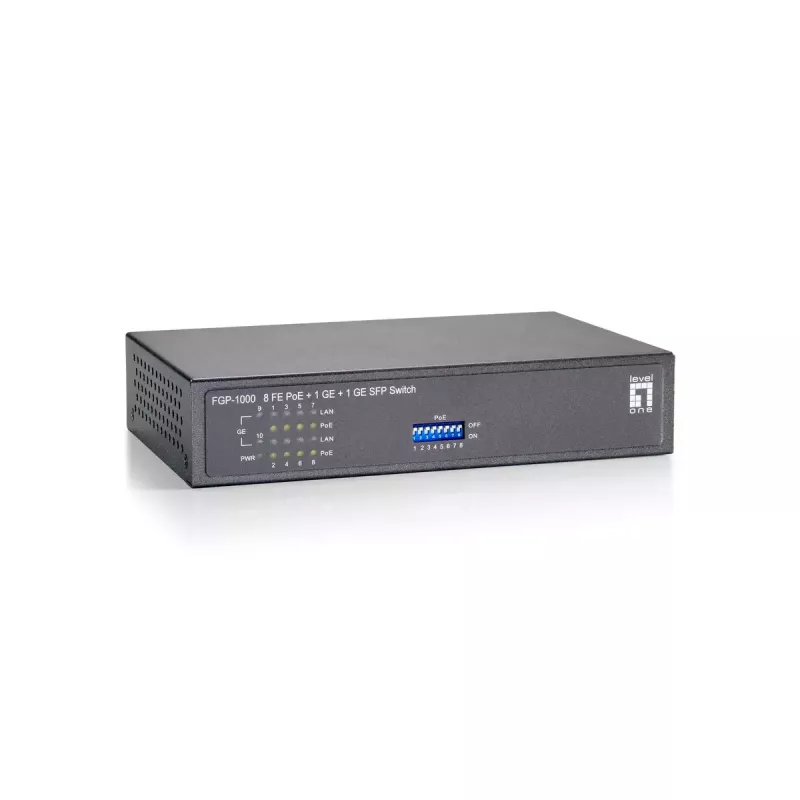 LevelOne 10-pordiline kiire Etherneti PoE-lüliti, 1 x Gigabit RJ45, 1 x Gigabit SFP, 8 PoE väljundit, 90 W