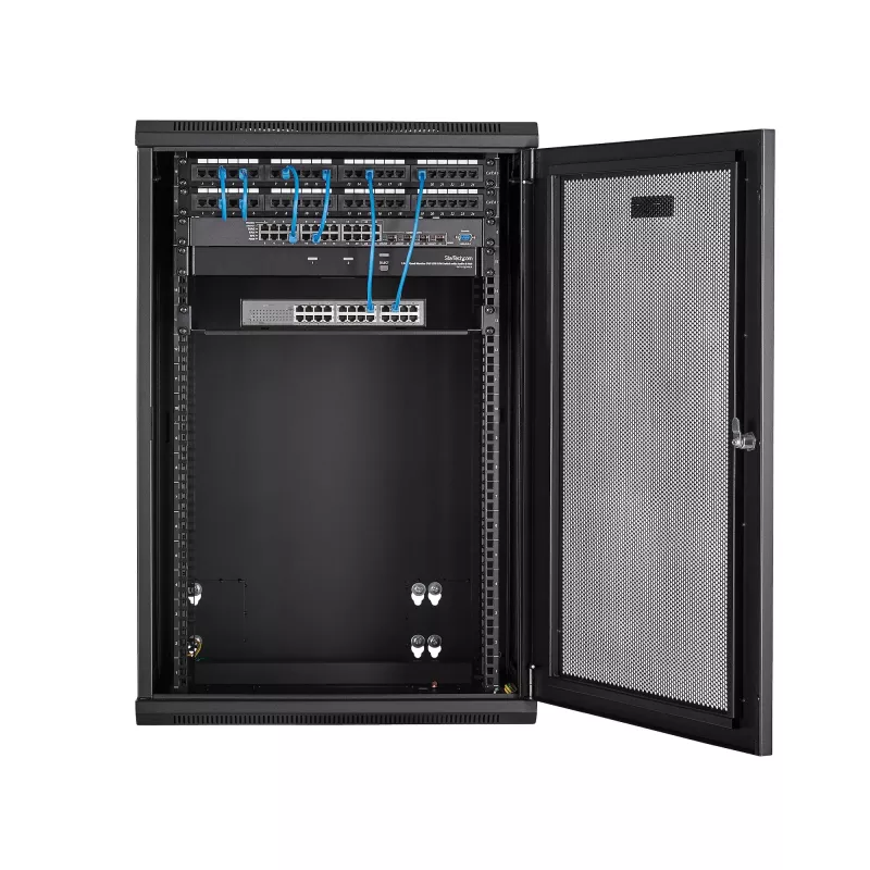 StarTech.com 4-post 18U seinale paigaldatav võrgukapp 1U riiuliga, 19-tolline hingedega seinale kinnitatav serveririiul andmete / AV / elektroonika / arvutiseadmete jaoks, paindlik ventileeritav riiulikorpus