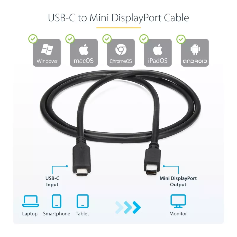StarTech.com 1 m USB-C – Mini DisplayPort kaabel – 4K 60 Hz – must