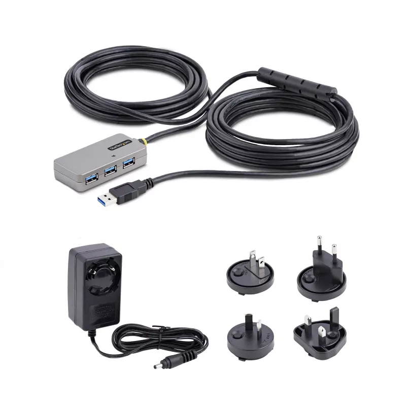 StarTech.com USB-pikendusjaotur, 10 m USB 3.0 pikenduskaabel 4 pordiga USB-A jaoturiga, aktiiv/siiniga toitega USB repiiterkaabel, valikuline 20 W toiteplokk kaasas, ESD-kaitse