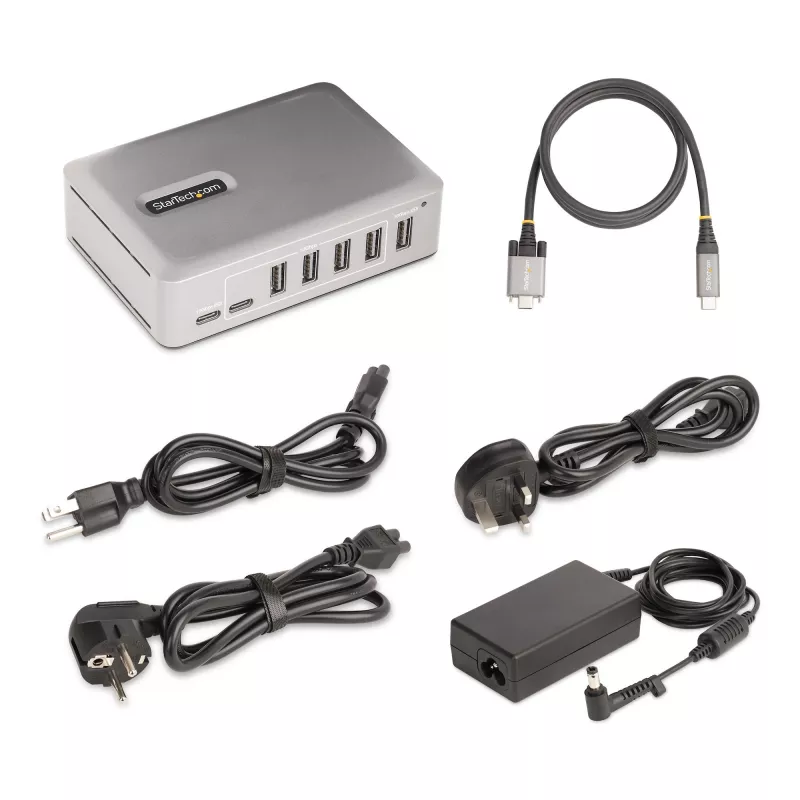 StarTech.com 7-pordine USB-C jaotur – 5x USB-A + 2x USB-C – isetoitega, 65 W toiteplokk – USB 3.1 10 Gbps – laua-/sülearvuti USB-jaotur 3 jala pikkuse USB-IF sertifikaadiga lukustuva kaabliga – USB-C jaotur