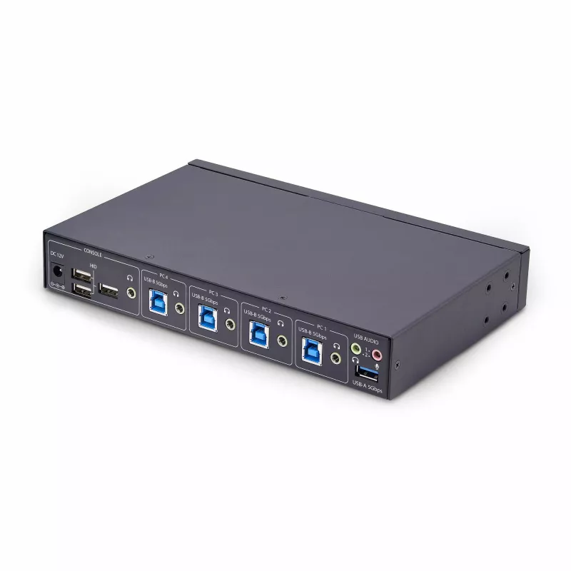 StarTech.com 4-pordiline KM-lüliti hiire lülitusfunktsiooniga, USB-lüliti klaviatuurile/hiirele, 3,5 mm/USB-heli, välisseadmete jagamine 4 arvutile, TAA-vastavuses