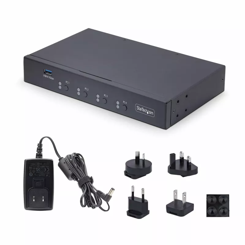 StarTech.com 4-pordiline KM-lüliti hiire lülitusfunktsiooniga, USB-lüliti klaviatuurile/hiirele, 3,5 mm/USB-heli, välisseadmete jagamine 4 arvutile, TAA-vastavuses