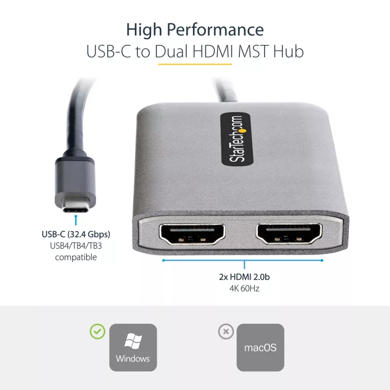 StarTech.com USB-C to Dual HDMI MST HUB - Dual HDMI 4K 60Hz - USB Type C multi monitori adapter sülearvutile 1ft/30cm kaabliga - DP 1.4 multi-stream-transpordi jaotur - USB-C HDMI jaotur