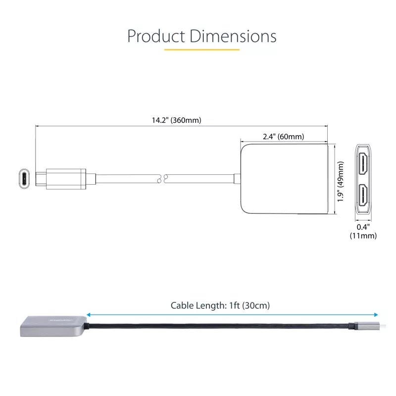 StarTech.com USB-C to Dual HDMI MST HUB - Dual HDMI 4K 60Hz - USB Type C multi monitori adapter sülearvutile 1ft/30cm kaabliga - DP 1.4 multi-stream-transpordi jaotur - USB-C HDMI jaotur