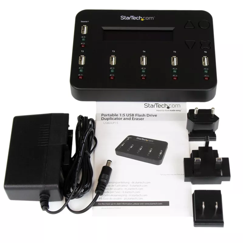 StarTech.com eraldiseisev 1 kuni 5 USB-mälupulga dubleerija ja kustutaja, mitme USB-mälupulga kopeerija, süsteemi- ja faili- ning kogu ketta kopeerimine kiirusega 1,5 GB/min, ühe- ja 3-käiguline kustutamine, LCD-ekraan - TAA