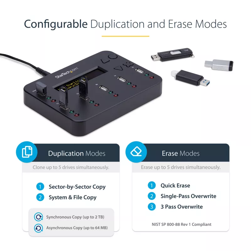 StarTech.com eraldiseisev 1 kuni 5 USB-mälupulga dubleerija ja kustutaja, mitme USB-mälupulga kopeerija, süsteemi- ja faili- ning kogu ketta kopeerimine kiirusega 1,5 GB/min, ühe- ja 3-käiguline kustutamine, LCD-ekraan - TAA