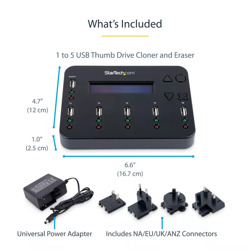 StarTech.com eraldiseisev 1 kuni 5 USB-mälupulga dubleerija ja kustutaja, mitme USB-mälupulga kopeerija, süsteemi- ja faili- ning kogu ketta kopeerimine kiirusega 1,5 GB/min, ühe- ja 3-käiguline kustutamine, LCD-ekraan - TAA