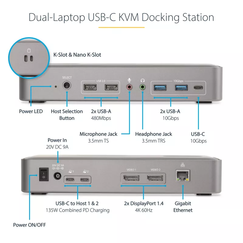 StarTech.com kahe sülearvuti USB-C KVM-dokkimisjaam, kahe monitori 4K 60Hz DisplayPort-dokk, 5-pordiline USB-jaotur, GbE, 90W/45W toiteedastus kahele sülearvutile, Windows/Mac, 2-host KVM-dokk - TAA