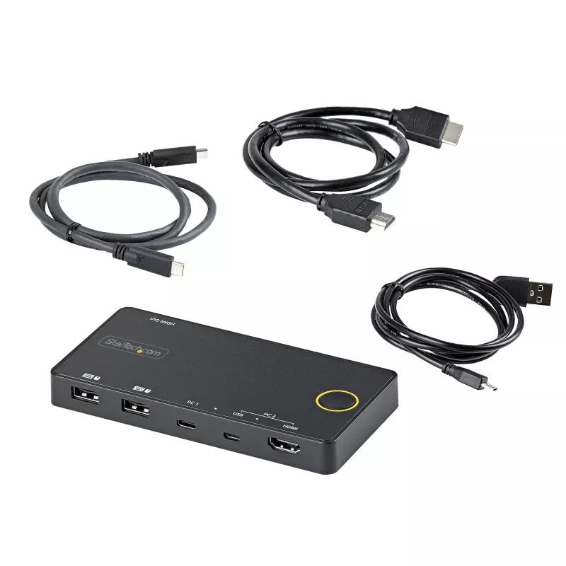 StarTech.com 2 pordiga hübriidne USB-A + HDMI ja USB-C KVM-lüliti - üks 4K 60 Hz HDMI 2.0 monitor - kompaktne laua- ja/või sülearvuti HDMI KVM-lüliti - USB siinitoitel - Thunderbolt 3 ühilduv