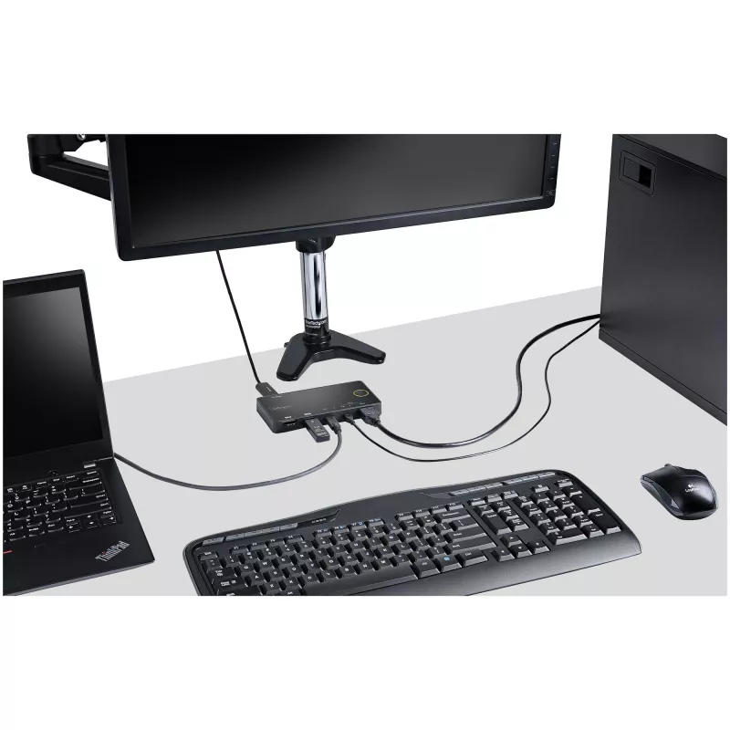 StarTech.com 2 pordiga hübriidne USB-A + HDMI ja USB-C KVM-lüliti - üks 4K 60 Hz HDMI 2.0 monitor - kompaktne laua- ja/või sülearvuti HDMI KVM-lüliti - USB siinitoitel - Thunderbolt 3 ühilduv