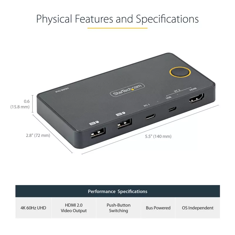 StarTech.com 2 pordiga hübriidne USB-A + HDMI ja USB-C KVM-lüliti - üks 4K 60 Hz HDMI 2.0 monitor - kompaktne laua- ja/või sülearvuti HDMI KVM-lüliti - USB siinitoitel - Thunderbolt 3 ühilduv
