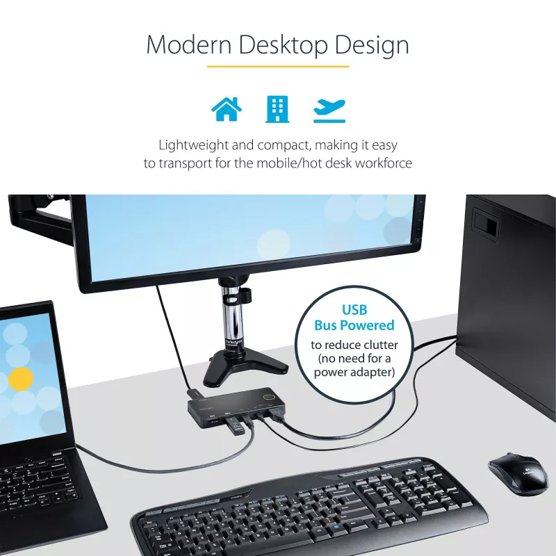 StarTech.com 2 pordiga hübriidne USB-A + HDMI ja USB-C KVM-lüliti - üks 4K 60 Hz HDMI 2.0 monitor - kompaktne laua- ja/või sülearvuti HDMI KVM-lüliti - USB siinitoitel - Thunderbolt 3 ühilduv