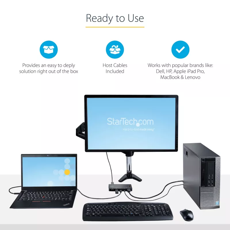 StarTech.com 2 pordiga hübriidne USB-A + HDMI ja USB-C KVM-lüliti - üks 4K 60 Hz HDMI 2.0 monitor - kompaktne laua- ja/või sülearvuti HDMI KVM-lüliti - USB siinitoitel - Thunderbolt 3 ühilduv