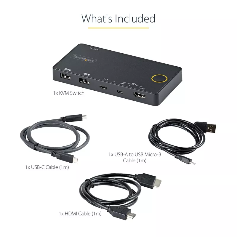 StarTech.com 2 pordiga hübriidne USB-A + HDMI ja USB-C KVM-lüliti - üks 4K 60 Hz HDMI 2.0 monitor - kompaktne laua- ja/või sülearvuti HDMI KVM-lüliti - USB siinitoitel - Thunderbolt 3 ühilduv