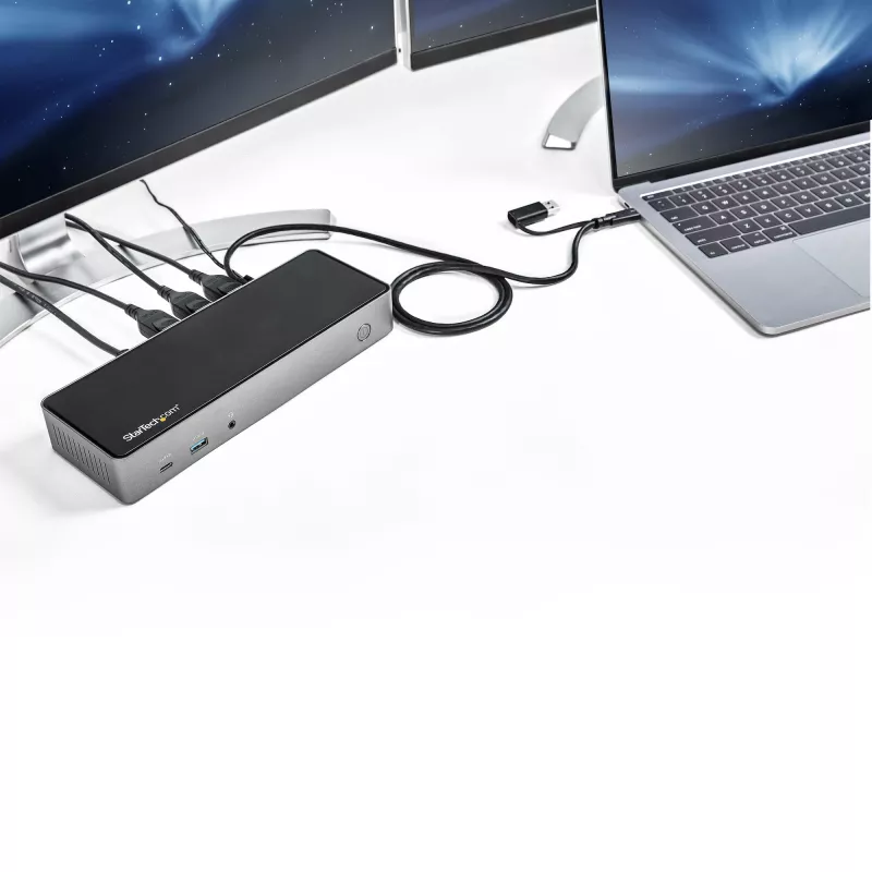 StarTech.com USB-C & USB-A dokk – hübriiduniversaalne kolme monitoriga sülearvuti dokkimisjaam DisplayPort ja HDMI 4K 60Hz – 85 W toiteedastus, 6x USB-jaotur, GbE, heli – USB 3.1 Gen 2 10Gbps – TAA