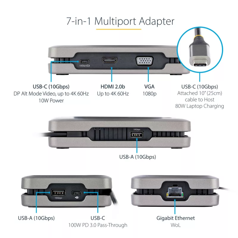 StarTech.com USB-C kahe monitoriga mitmepordiadapter, kuni 4K 60 Hz USB-C DP Alt Mode videoväljund ja HDMI 2.0 või 1080p VGA, 100 W PD läbiv laadimine, USB USB-C minidokk, USB-C dokkimisjaam, MST jaotur