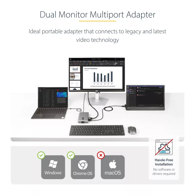 StarTech.com USB-C kahe monitoriga mitmepordiadapter, kuni 4K 60 Hz USB-C DP Alt Mode videoväljund ja HDMI 2.0 või 1080p VGA, 100 W PD läbiv laadimine, USB USB-C minidokk, USB-C dokkimisjaam, MST jaotur