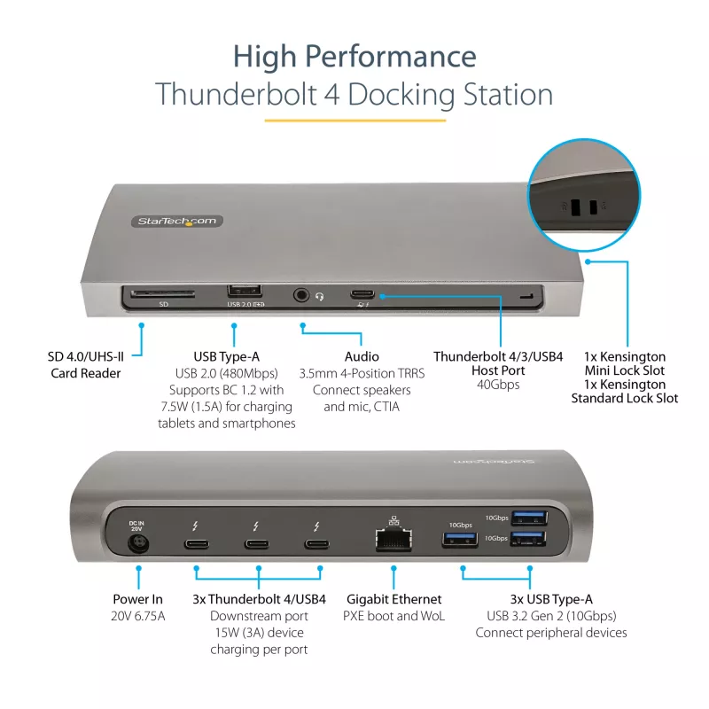 StarTech.com Thunderbolt 4 dokk, 96W toiteedastus, üks 8K/kaks monitori 4K 60Hz, 3xTB4/USB4 porti, 4xUSB-A, SD, GbE, Thunderbolt 4 dokkimisjaam Windowsile või TB3 MacBookile, 0,8m kaabel