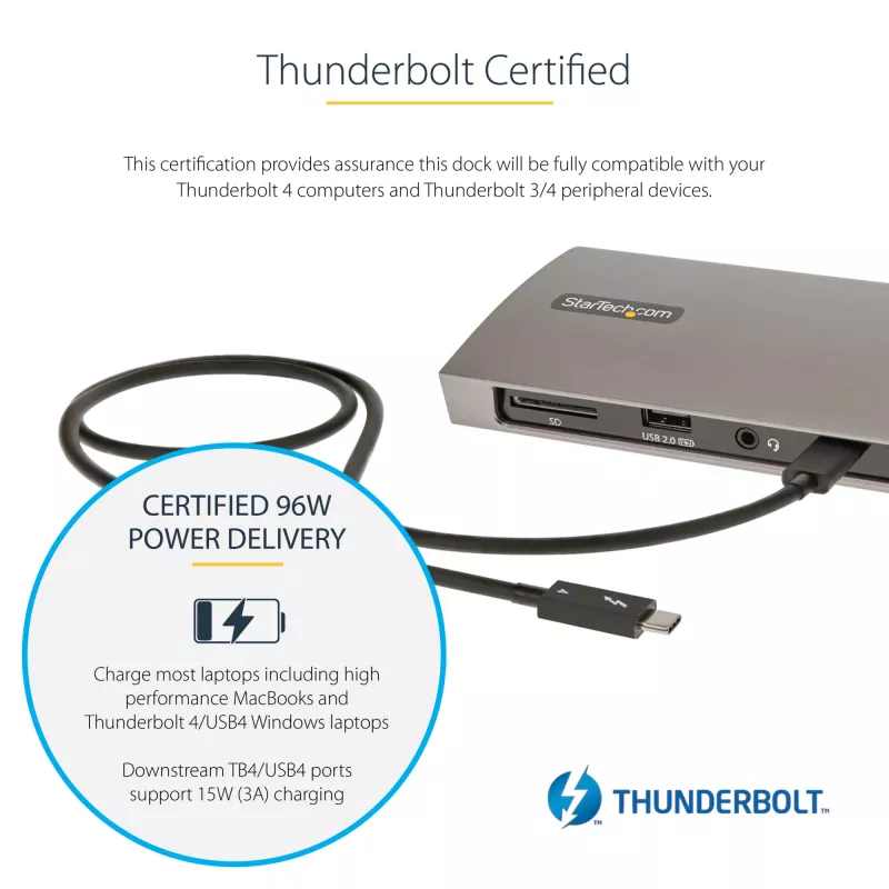 StarTech.com Thunderbolt 4 dokk, 96W toiteedastus, üks 8K/kaks monitori 4K 60Hz, 3xTB4/USB4 porti, 4xUSB-A, SD, GbE, Thunderbolt 4 dokkimisjaam Windowsile või TB3 MacBookile, 0,8m kaabel