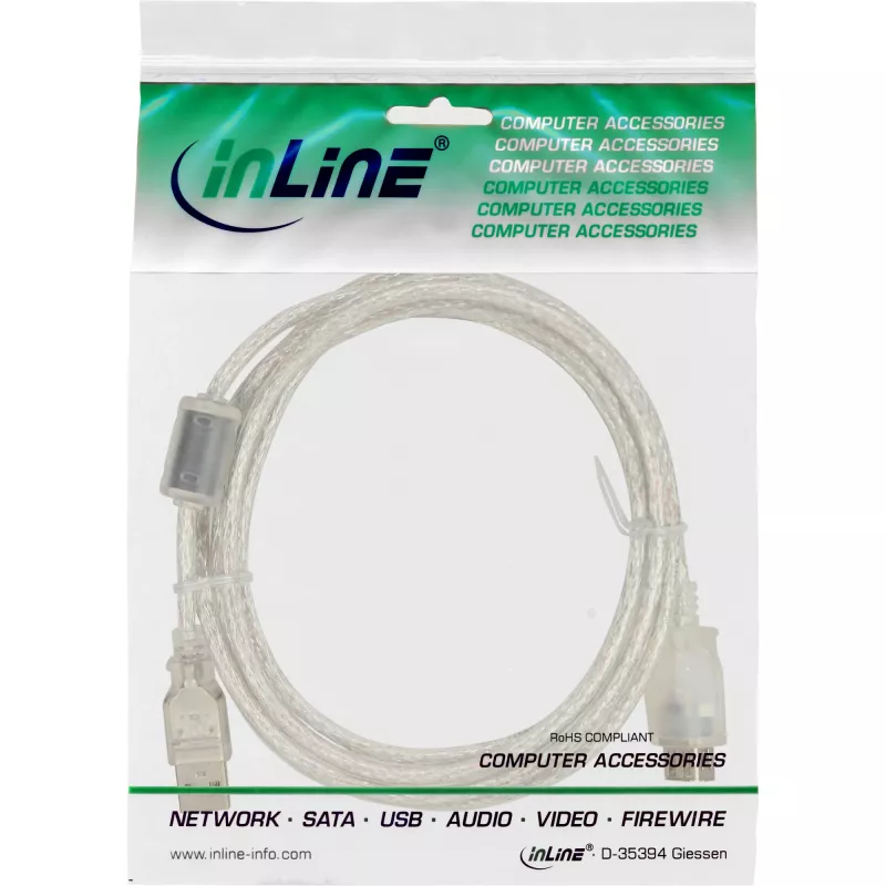 InLine USB 2.0 pikenduskaabel, tüüp A M/F, läbipaistev, ferriidiga, 3m